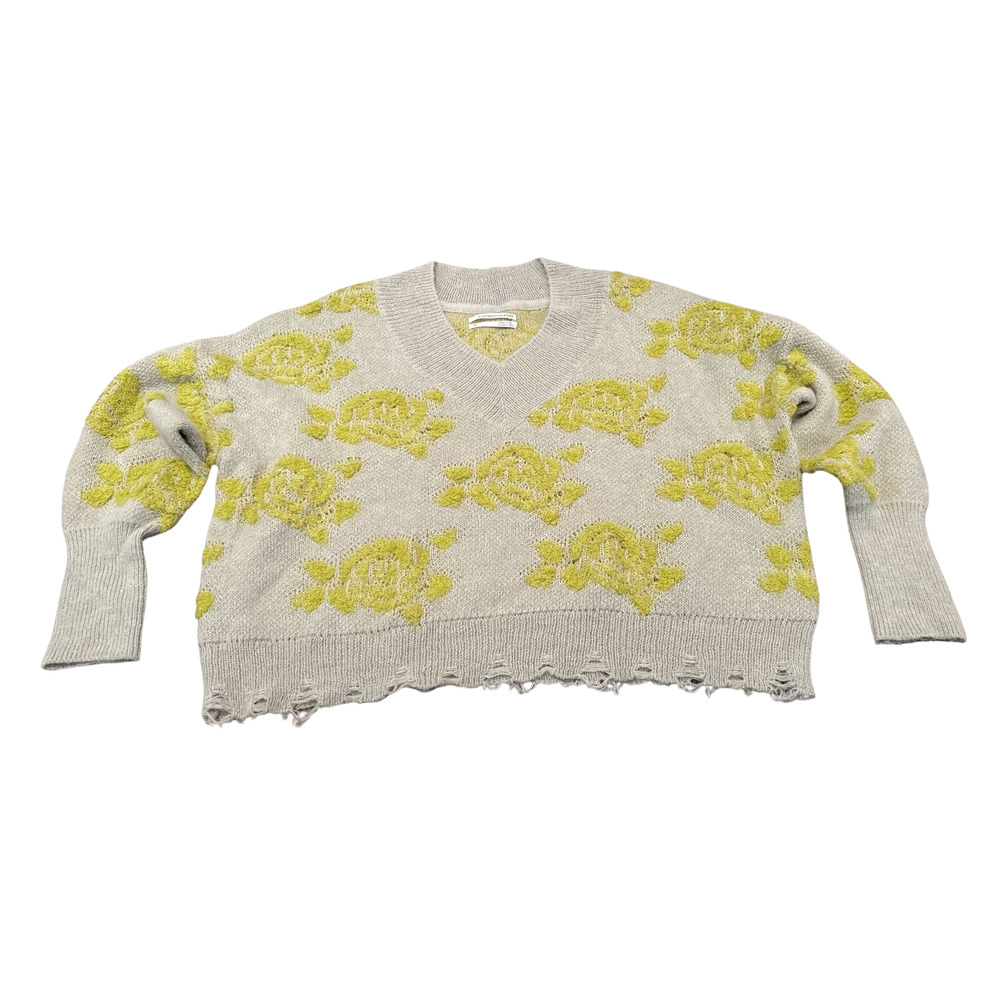 Anthropologie Lucila XS Yellow Distressed Floral Long Sleeve Sweater Raw Hem